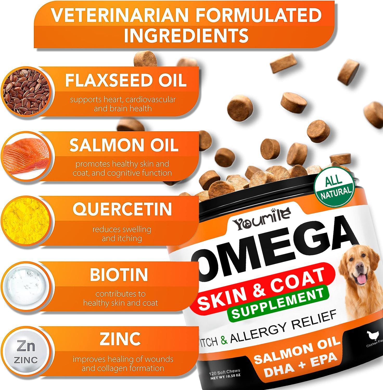 Youmile Omega 3 For Dogs - 120Ct  Fish Oil Treats - Allergy & Itch Relief Skin & Coat Supplement - Dry Itchy Skin, Anti Shedding & Hot Spots Treatment - Pet Salmon Oil Chews - Chicken Flavor Dog  Vit - LOURONA