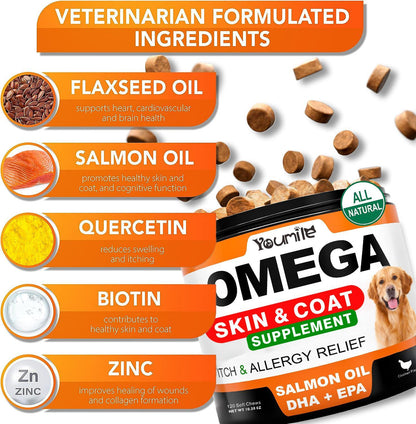 Youmile Omega 3 For Dogs - 120Ct  Fish Oil Treats - Allergy & Itch Relief Skin & Coat Supplement - Dry Itchy Skin, Anti Shedding & Hot Spots Treatment - Pet Salmon Oil Chews - Chicken Flavor Dog  Vit - LOURONA