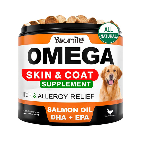 Youmile Omega 3 For Dogs - 120Ct  Fish Oil Treats - Allergy & Itch Relief Skin & Coat Supplement - Dry Itchy Skin, Anti Shedding & Hot Spots Treatment - Pet Salmon Oil Chews - Chicken Flavor Dog  Vit - LOURONA